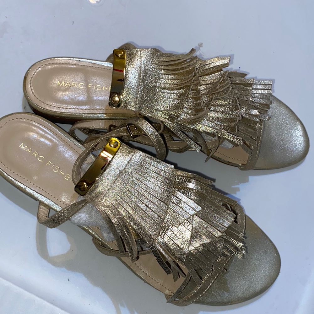 Marc Fisher Gold Fringed Sandals, 8, ankle strap, gold bar. No box